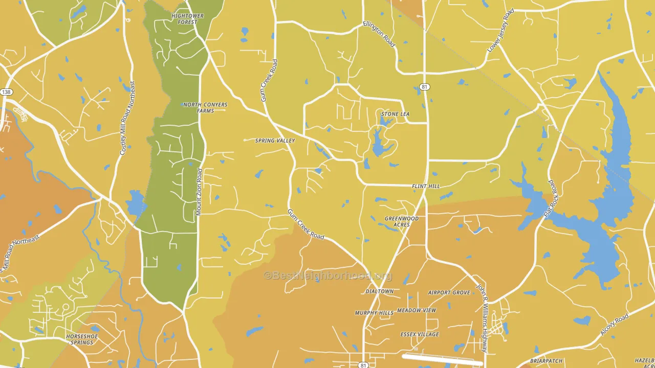 Map of the best neighborhoods in the Oxford area, with better matches in green and worse matches in red