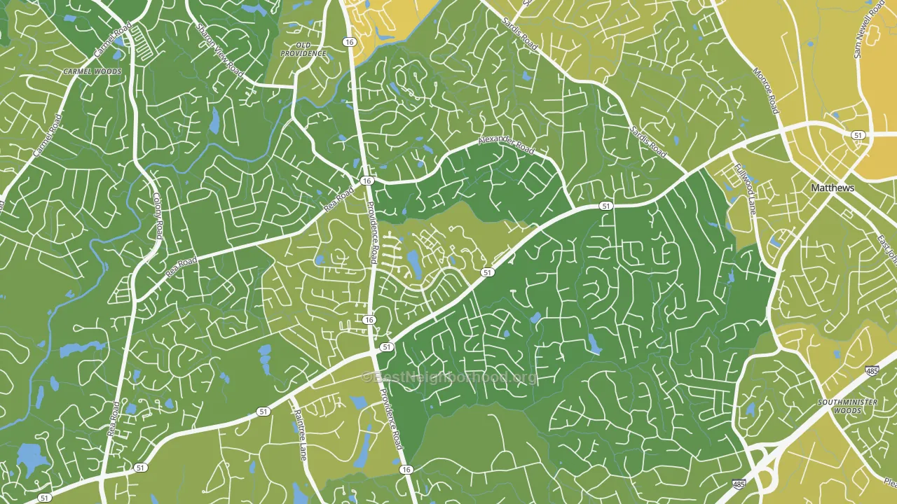 Map of the best neighborhoods in the Oxford Hunt, Charlotte area, with better matches in green and worse matches in red