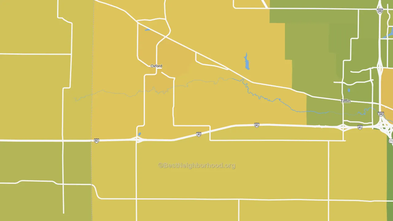 Map of the best neighborhoods in the Oxford area, with better matches in green and worse matches in red