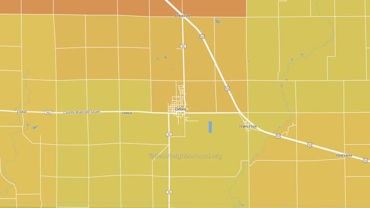 Map of the best neighborhoods in the Oxford area, with better matches in green and worse matches in red