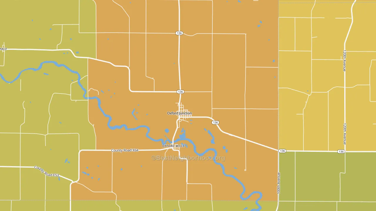 Map of the best neighborhoods in the Oxford Junction area, with better matches in green and worse matches in red