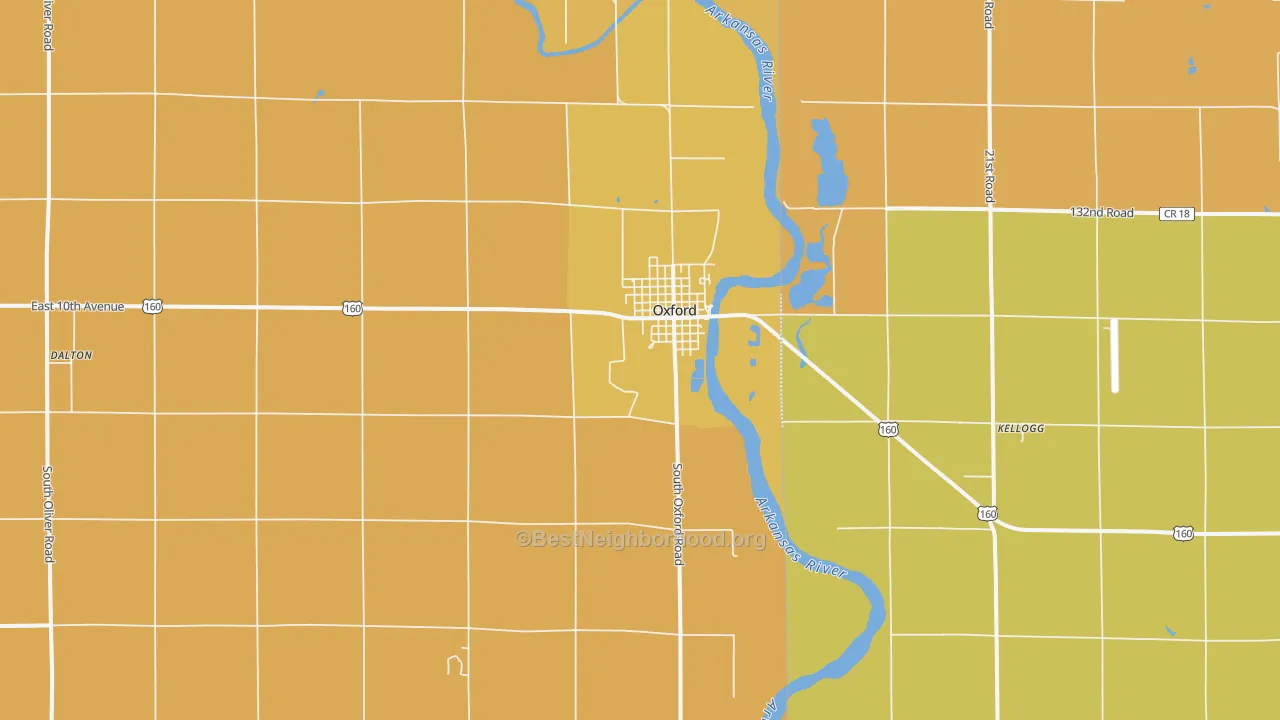 Map of the best neighborhoods in the Oxford area, with better matches in green and worse matches in red