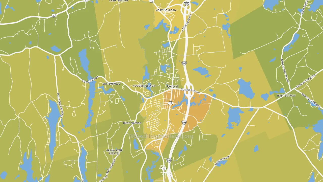 Map of the best neighborhoods in the Oxford area, with better matches in green and worse matches in red
