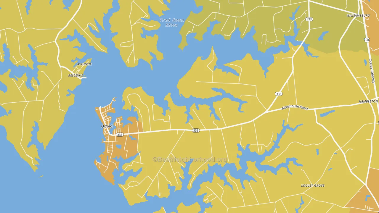 Map of the best neighborhoods in the Oxford area, with better matches in green and worse matches in red