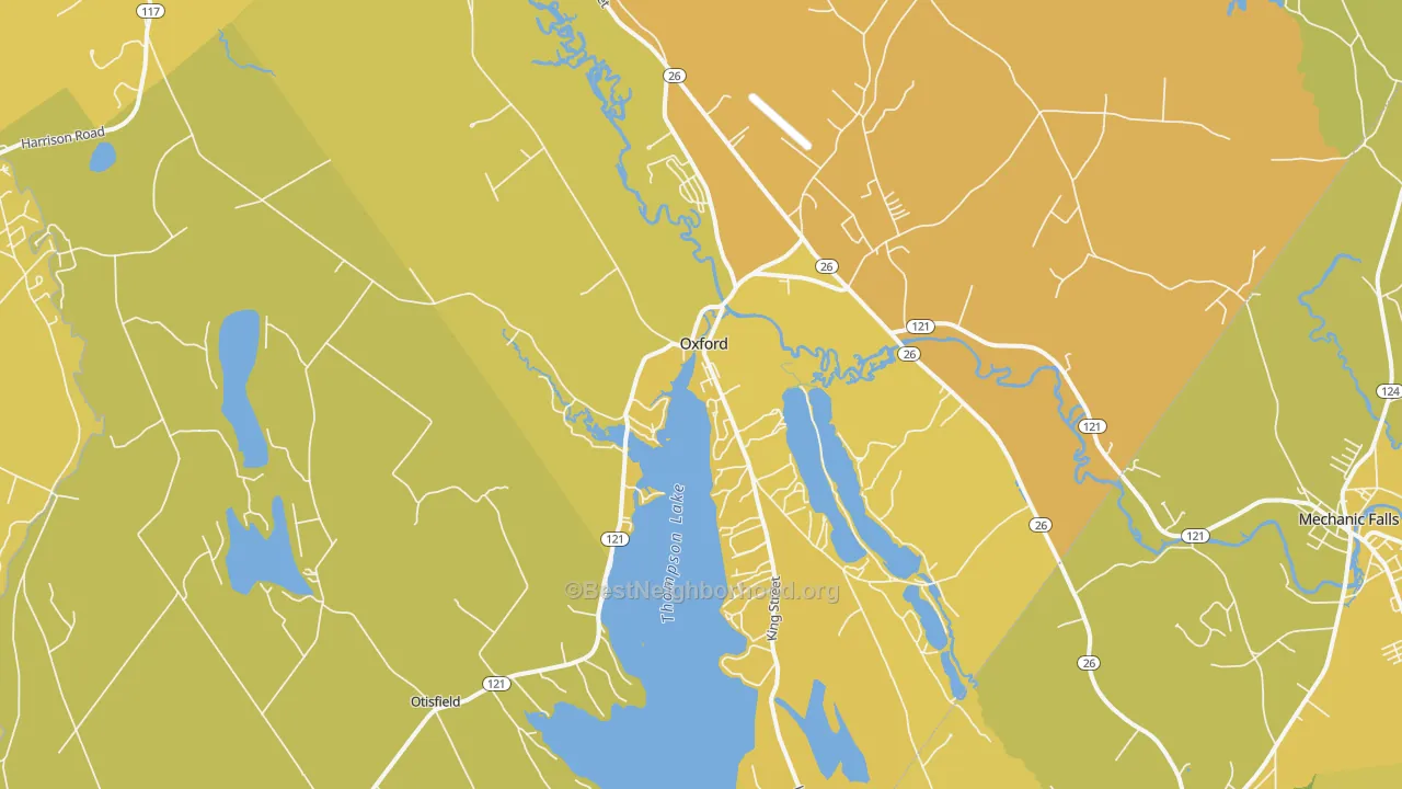 Map of the best neighborhoods in the Oxford area, with better matches in green and worse matches in red