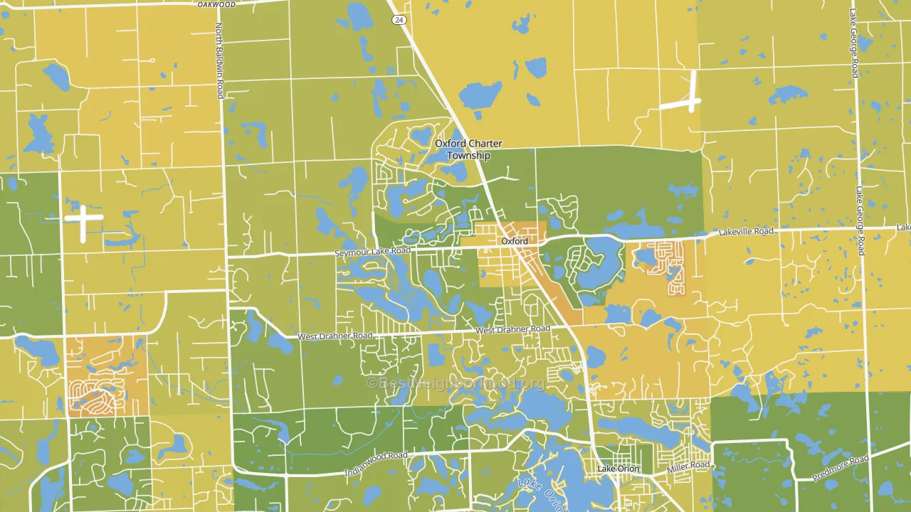 Map of the best neighborhoods in the Oxford area, with better matches in green and worse matches in red