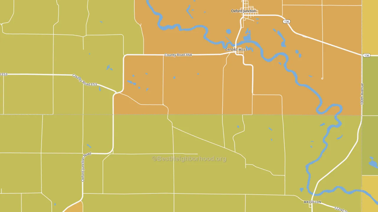 Map of the best neighborhoods in the Oxford Mills area, with better matches in green and worse matches in red