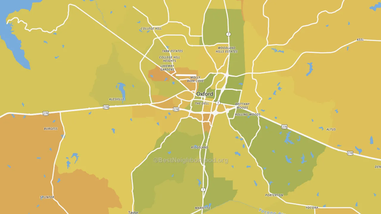 Map of the best neighborhoods in the Oxford area, with better matches in green and worse matches in red