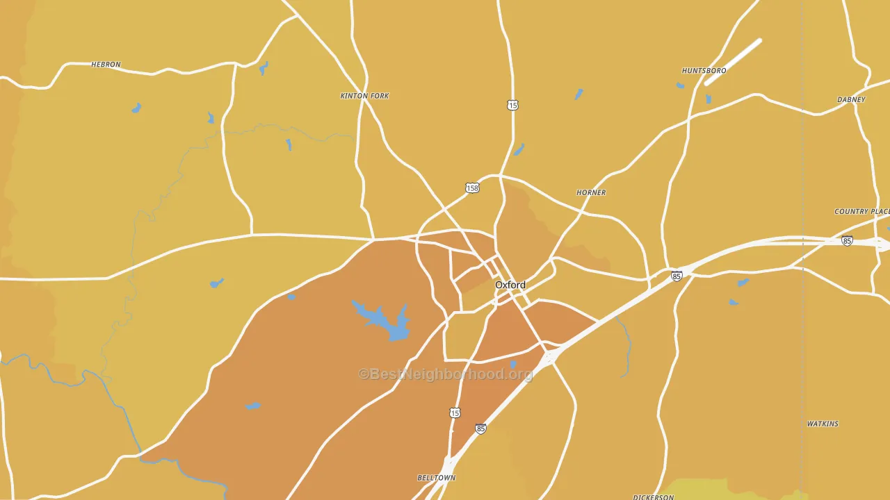 Map of the best neighborhoods in the Oxford area, with better matches in green and worse matches in red