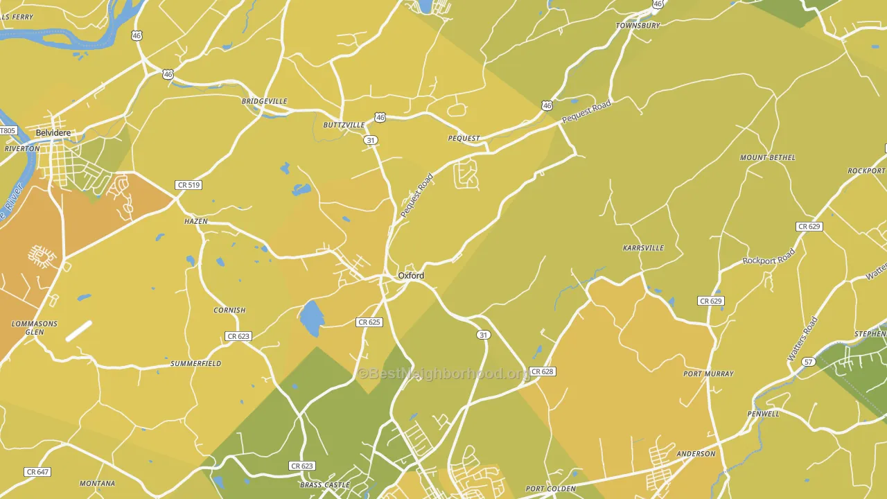 Map of the best neighborhoods in the Oxford area, with better matches in green and worse matches in red