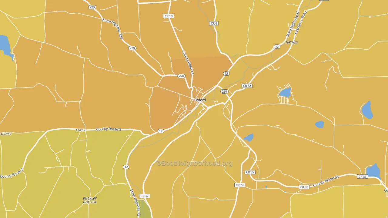Map of the best neighborhoods in the Oxford area, with better matches in green and worse matches in red