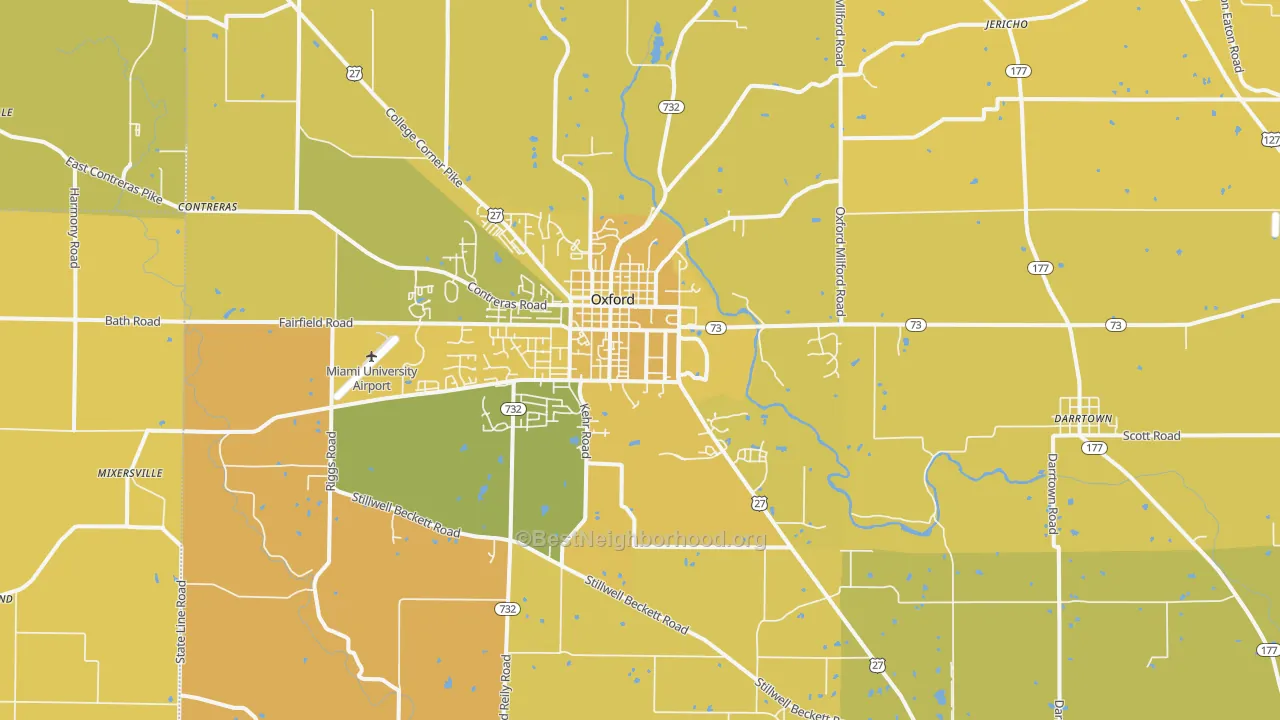 Map of the best neighborhoods in the Oxford area, with better matches in green and worse matches in red