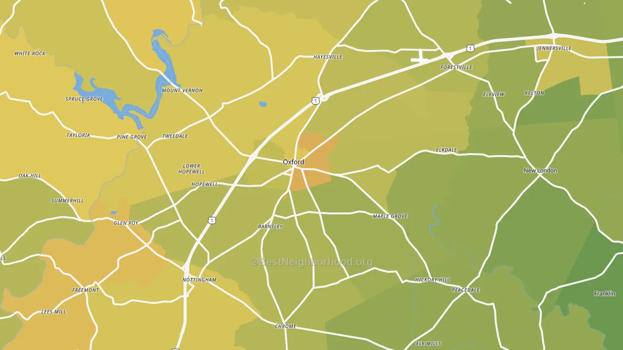 Map of the best neighborhoods in the Oxford area, with better matches in green and worse matches in red