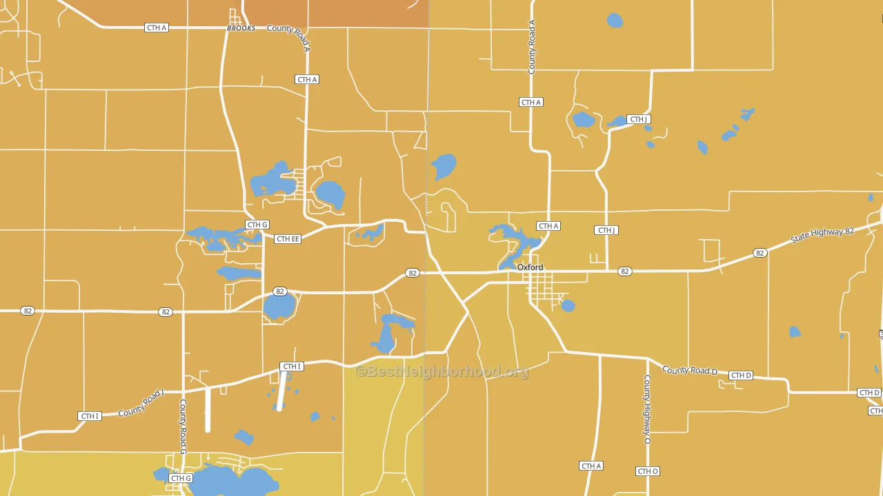 Map of the best neighborhoods in the Oxford area, with better matches in green and worse matches in red