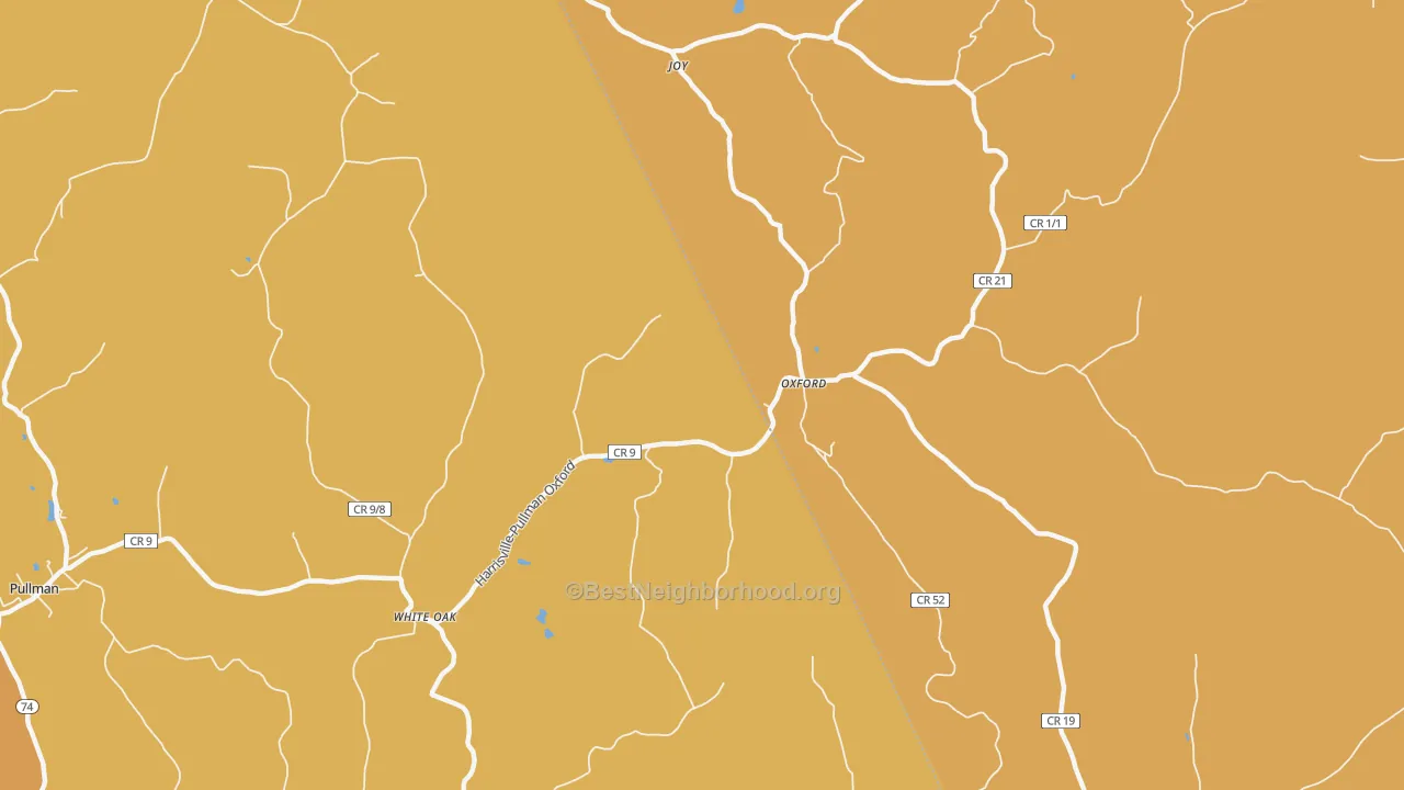 Map of the best neighborhoods in the Oxford area, with better matches in green and worse matches in red