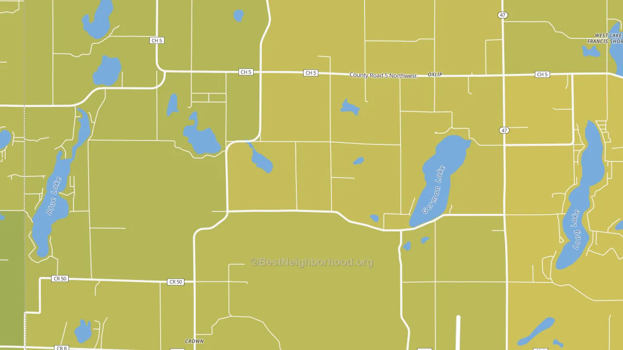Map of the best neighborhoods in the Oxlip area, with better matches in green and worse matches in red