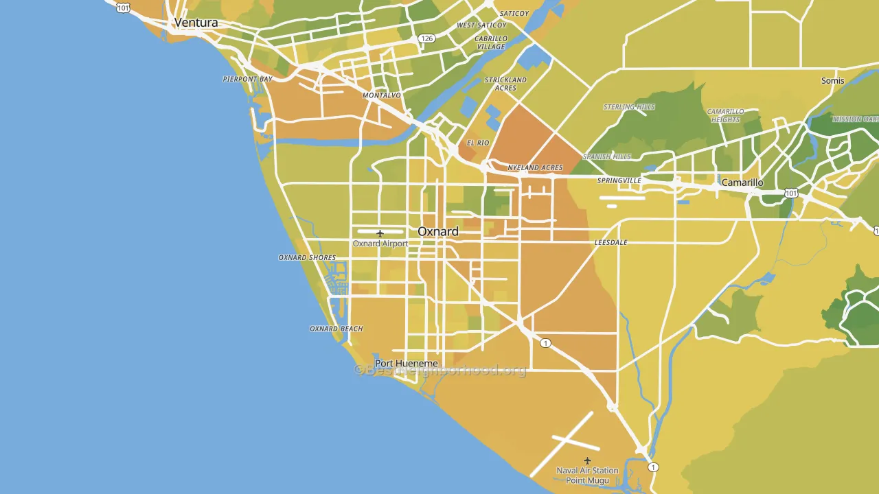 Map of the best neighborhoods in the Oxnard Metro area, with better matches in green and worse matches in red