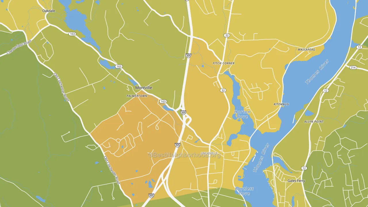 Map of the best neighborhoods in the Oxoboxo River area, with better matches in green and worse matches in red