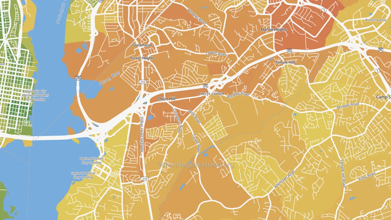 Map of the best neighborhoods in the Oxon Hill-Glassmanor, Oxon Hill area, with better matches in green and worse matches in red