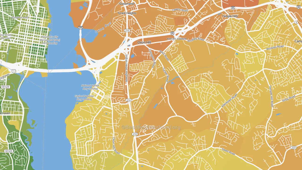 Map of the best neighborhoods in the Oxon Hill area, with better matches in green and worse matches in red