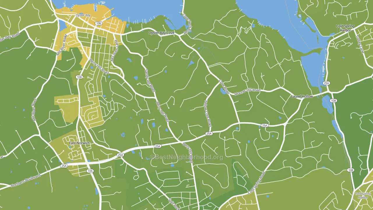 Map of the best neighborhoods in the Oyster Bay Cove area, with better matches in green and worse matches in red