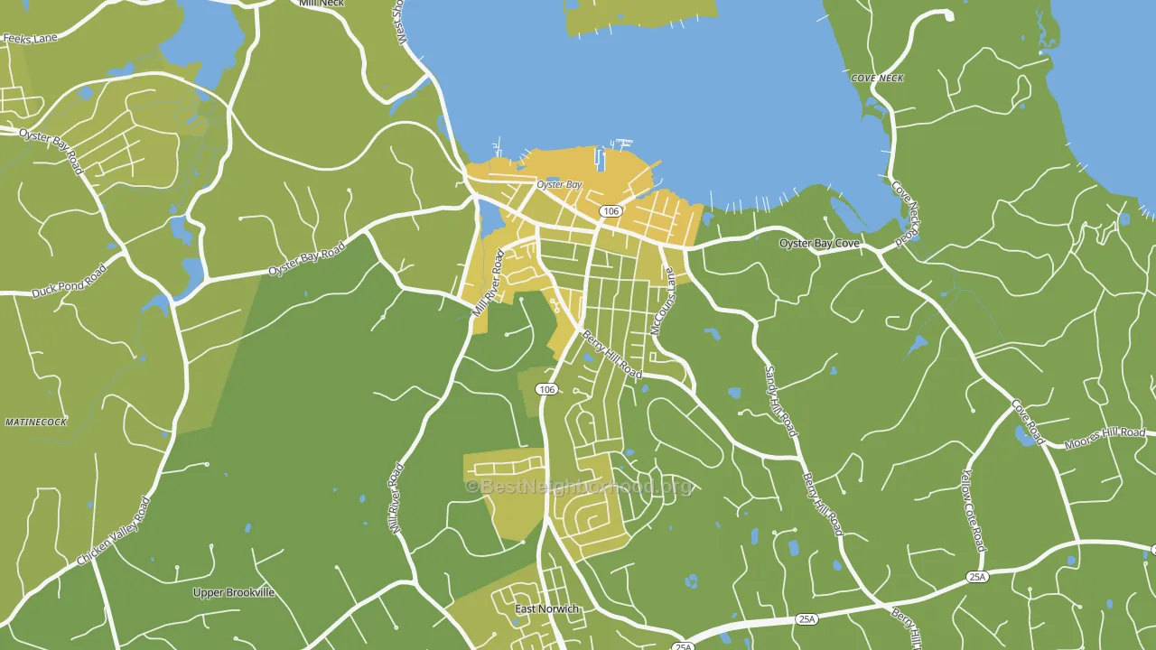 Map of the best neighborhoods in the Oyster Bay area, with better matches in green and worse matches in red