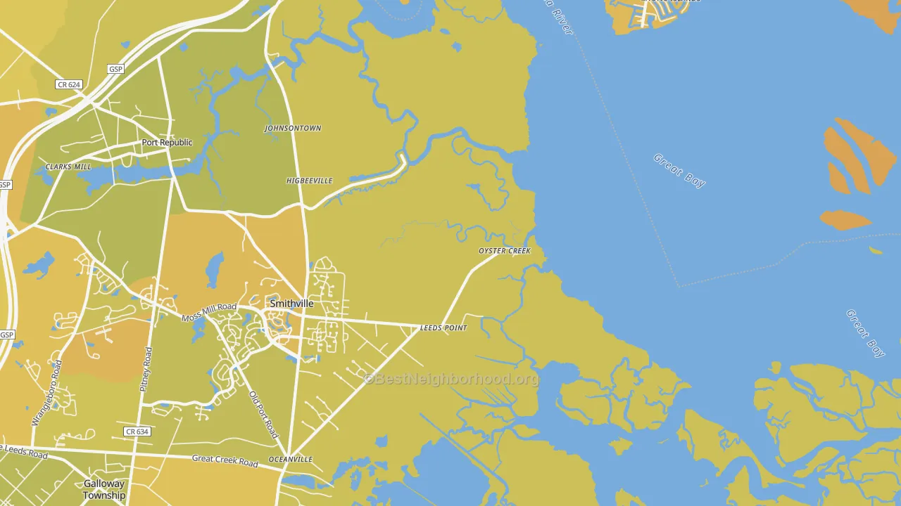 Map of the best neighborhoods in the Oyster Creek area, with better matches in green and worse matches in red