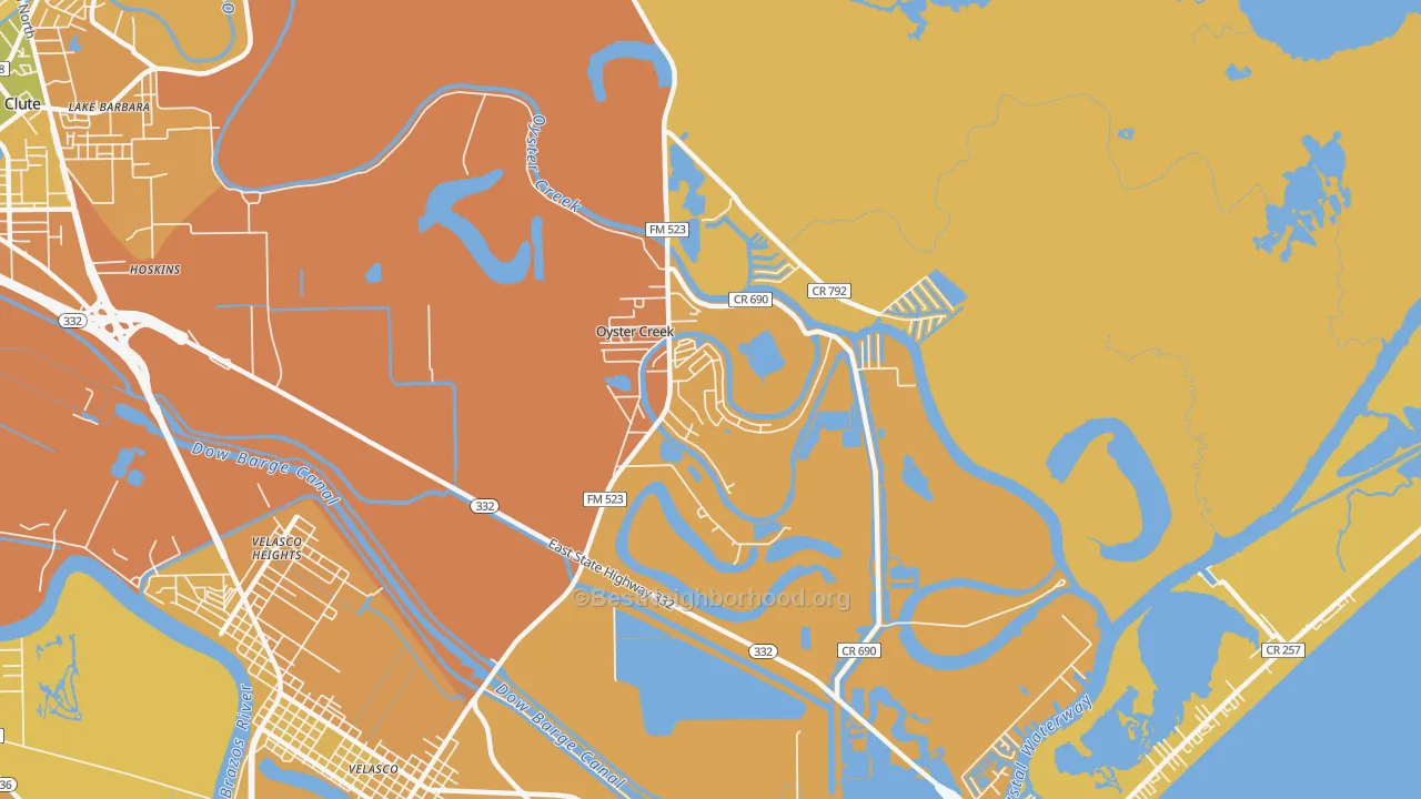Map of the best neighborhoods in the Oyster Creek area, with better matches in green and worse matches in red