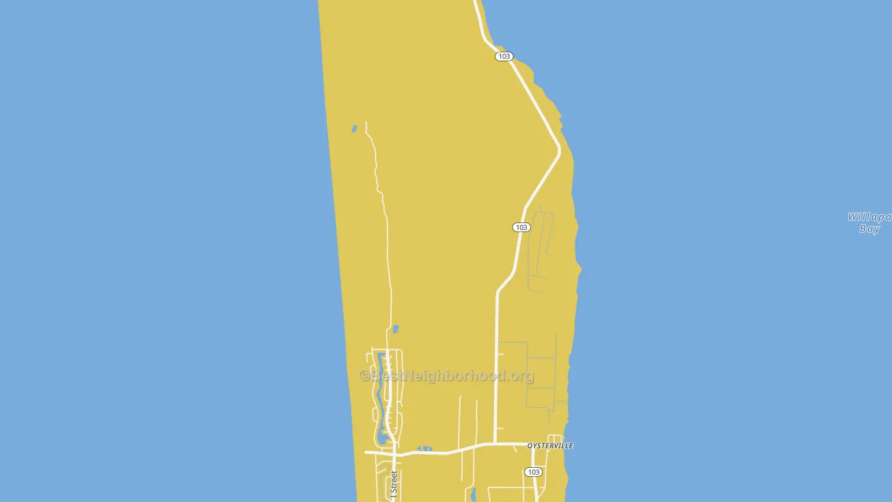 Map of the best neighborhoods in the Oysterville area, with better matches in green and worse matches in red