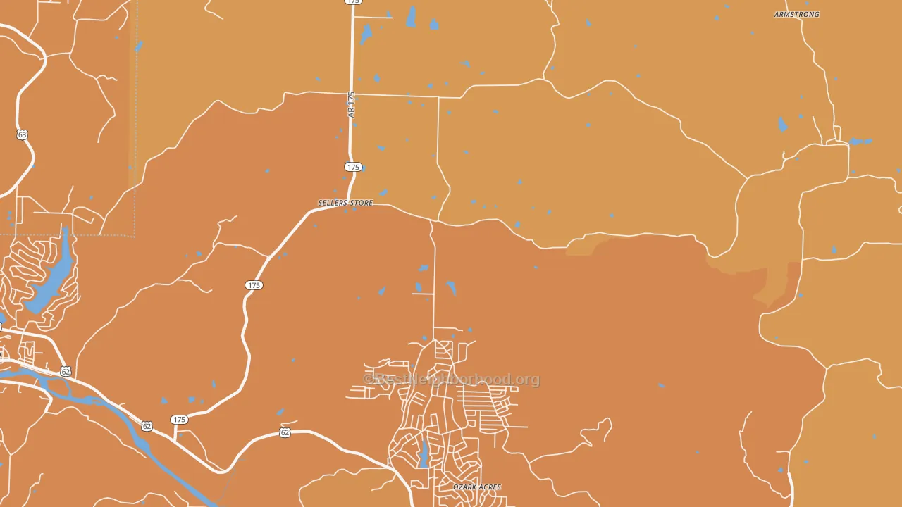 Map of the best neighborhoods in the Ozark Acres area, with better matches in green and worse matches in red