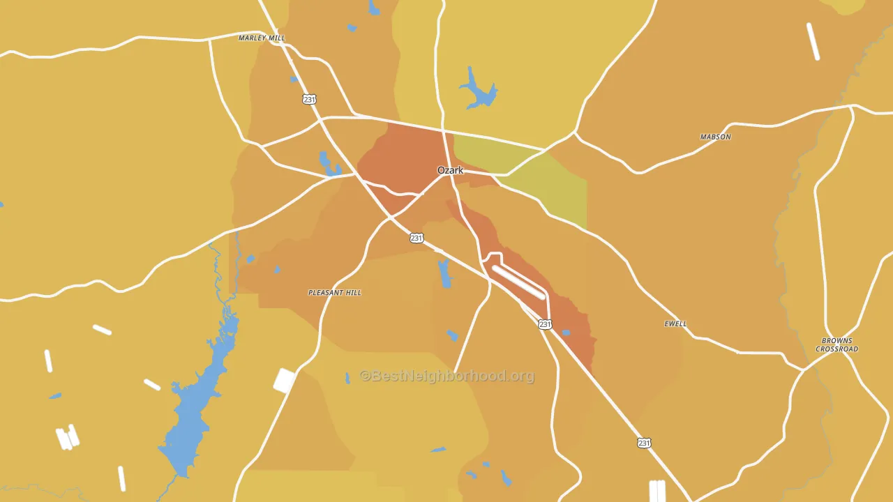Map of the best neighborhoods in the Ozark area, with better matches in green and worse matches in red