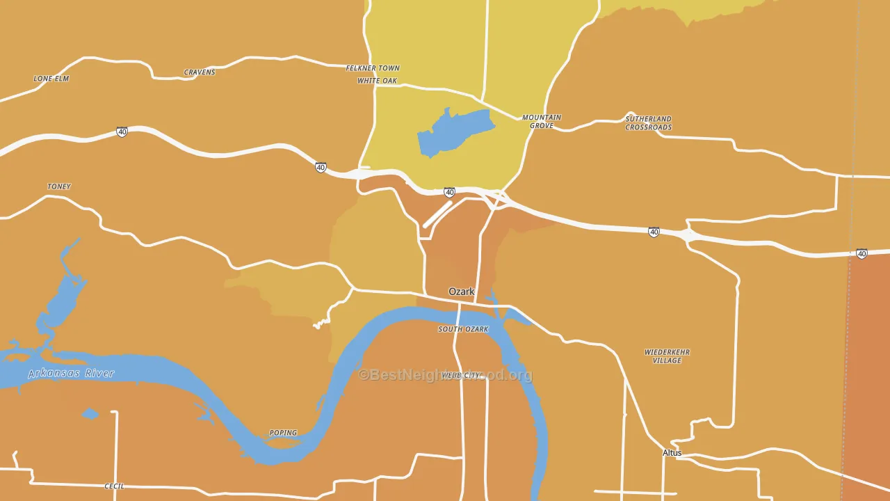 Map of the best neighborhoods in the Ozark area, with better matches in green and worse matches in red