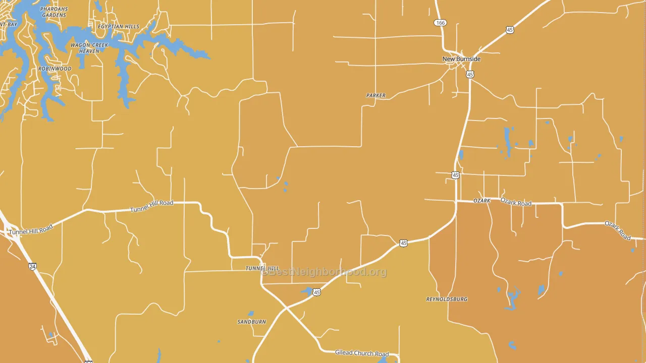 Map of the best neighborhoods in the Ozark area, with better matches in green and worse matches in red