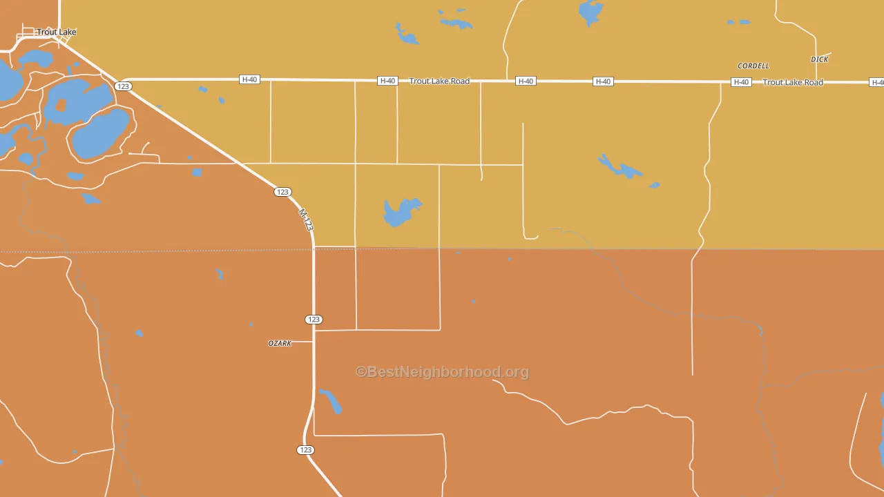 Map of the best neighborhoods in the Ozark area, with better matches in green and worse matches in red