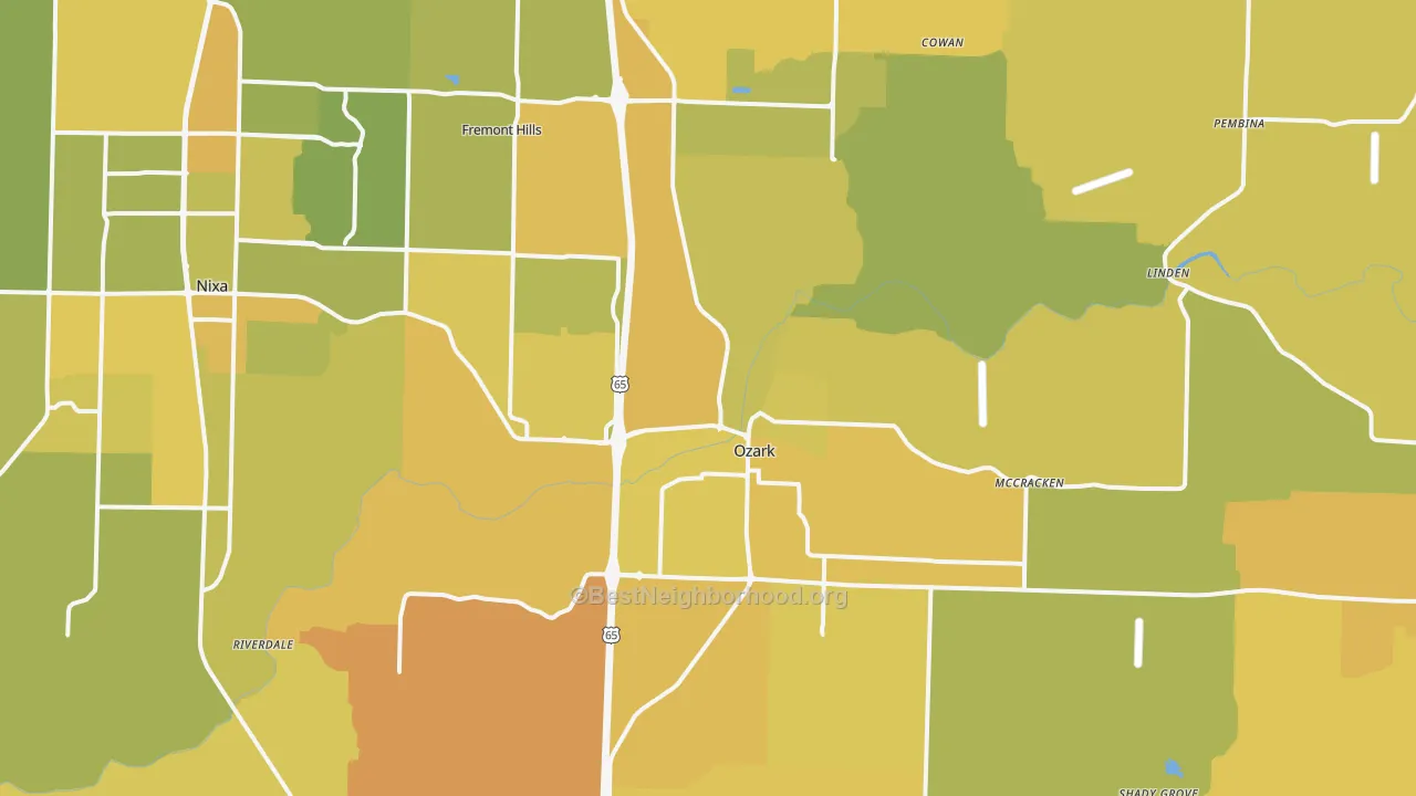 Map of the best neighborhoods in the Ozark area, with better matches in green and worse matches in red