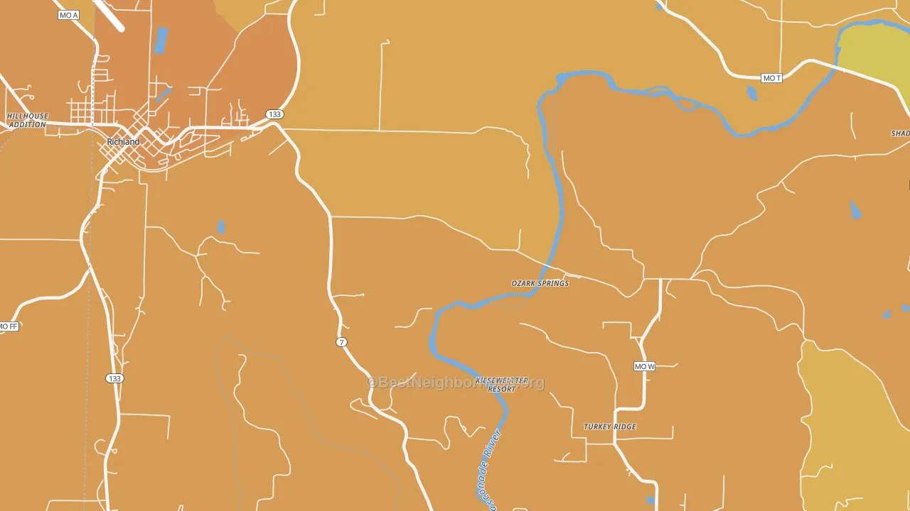 Map of the best neighborhoods in the Ozark Springs area, with better matches in green and worse matches in red
