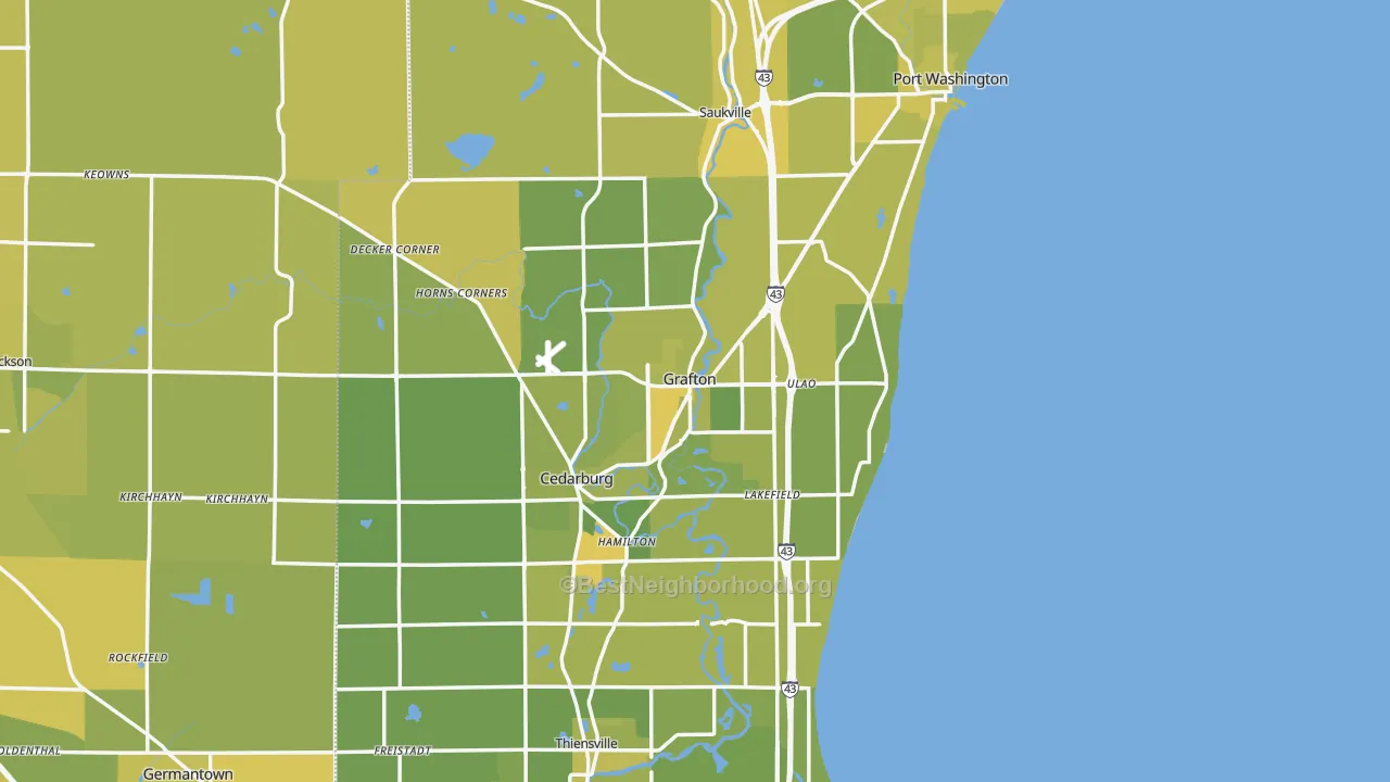 Map of the best neighborhoods in the Ozaukee County area, with better matches in green and worse matches in red