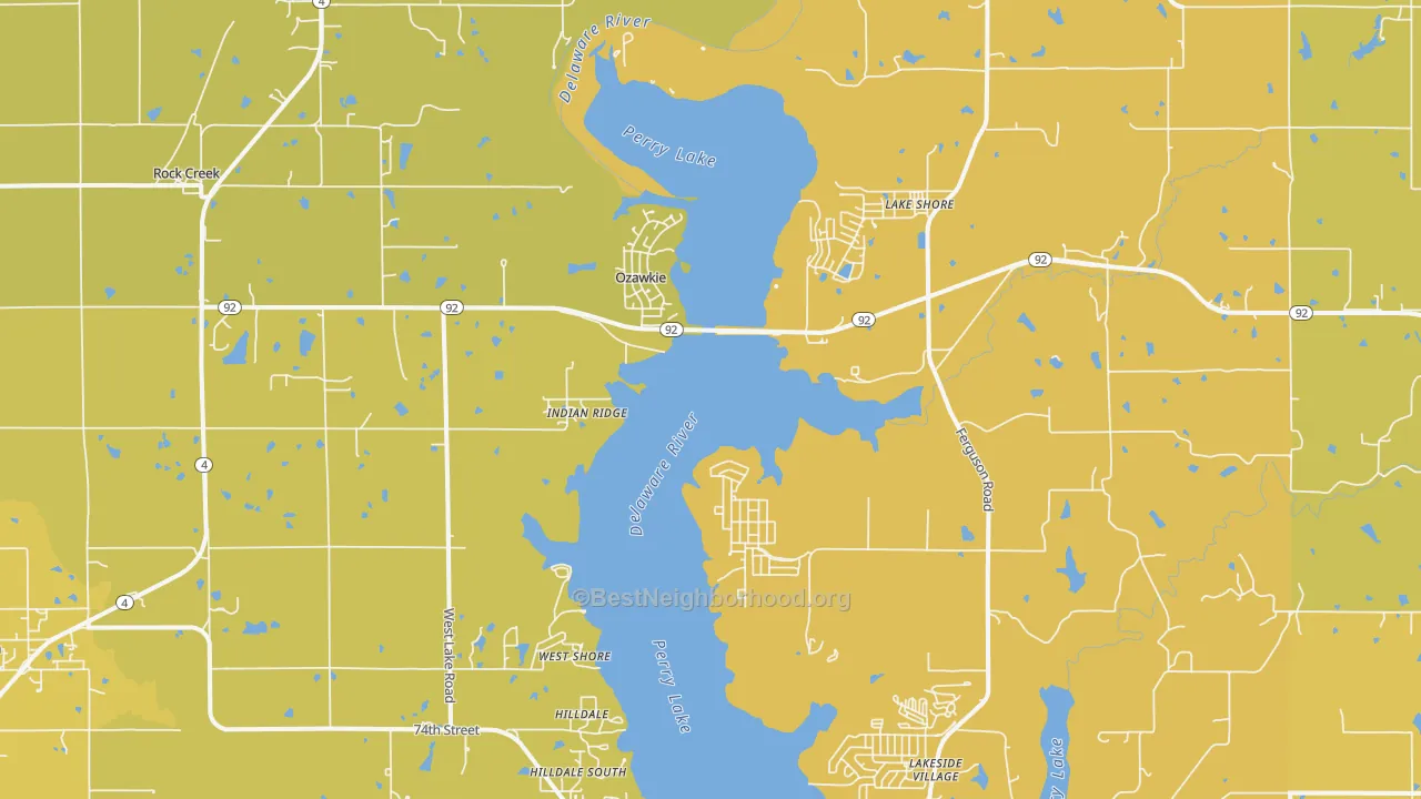 Map of the best neighborhoods in the Ozawkie area, with better matches in green and worse matches in red
