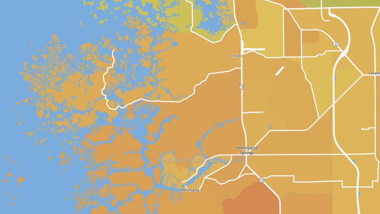 Map of the best neighborhoods in the Ozello area, with better matches in green and worse matches in red