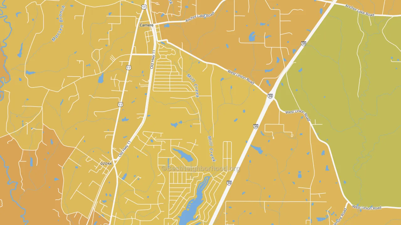 Map of the best neighborhoods in the Ozona area, with better matches in green and worse matches in red