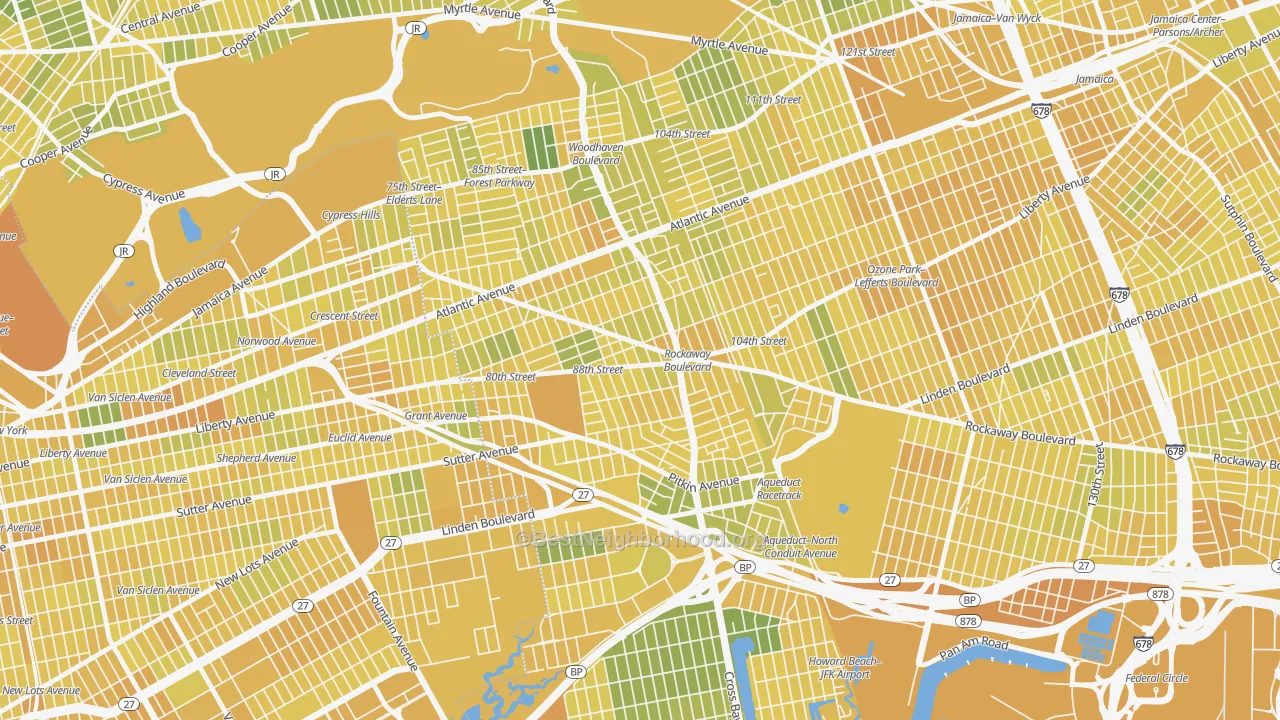 Map of the best neighborhoods in the Ozone Park, Queens area, with better matches in green and worse matches in red
