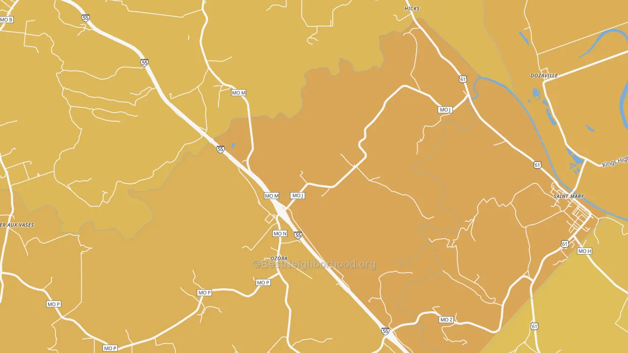Map of the best neighborhoods in the Ozora area, with better matches in green and worse matches in red