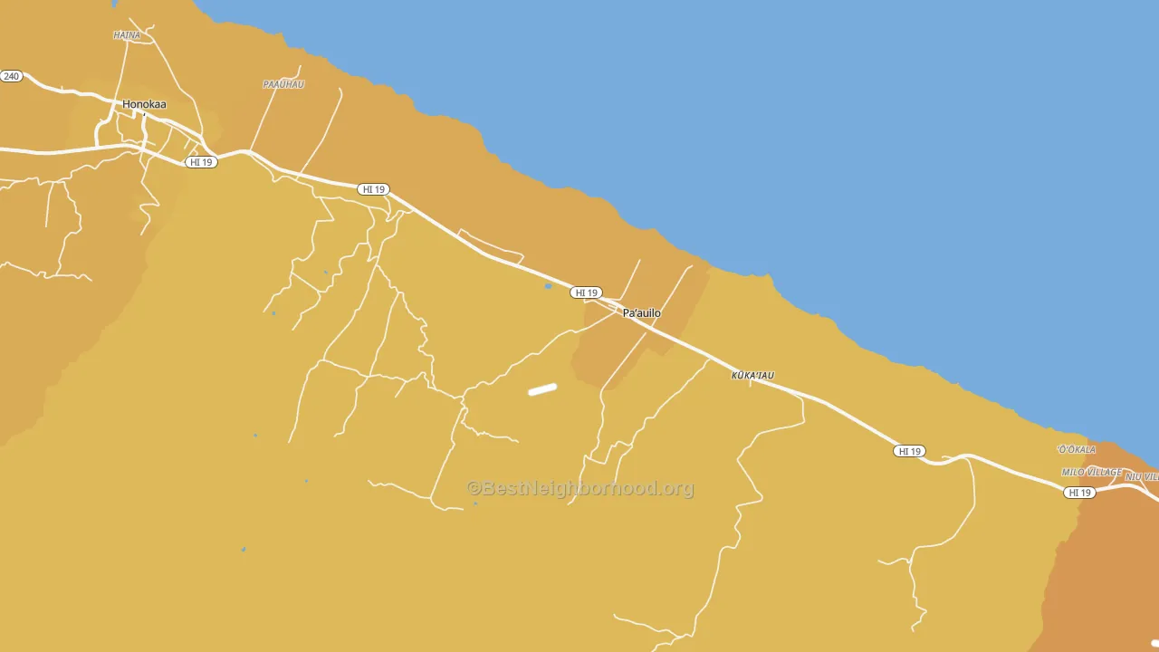 Map of the best neighborhoods in the Paauilo area, with better matches in green and worse matches in red