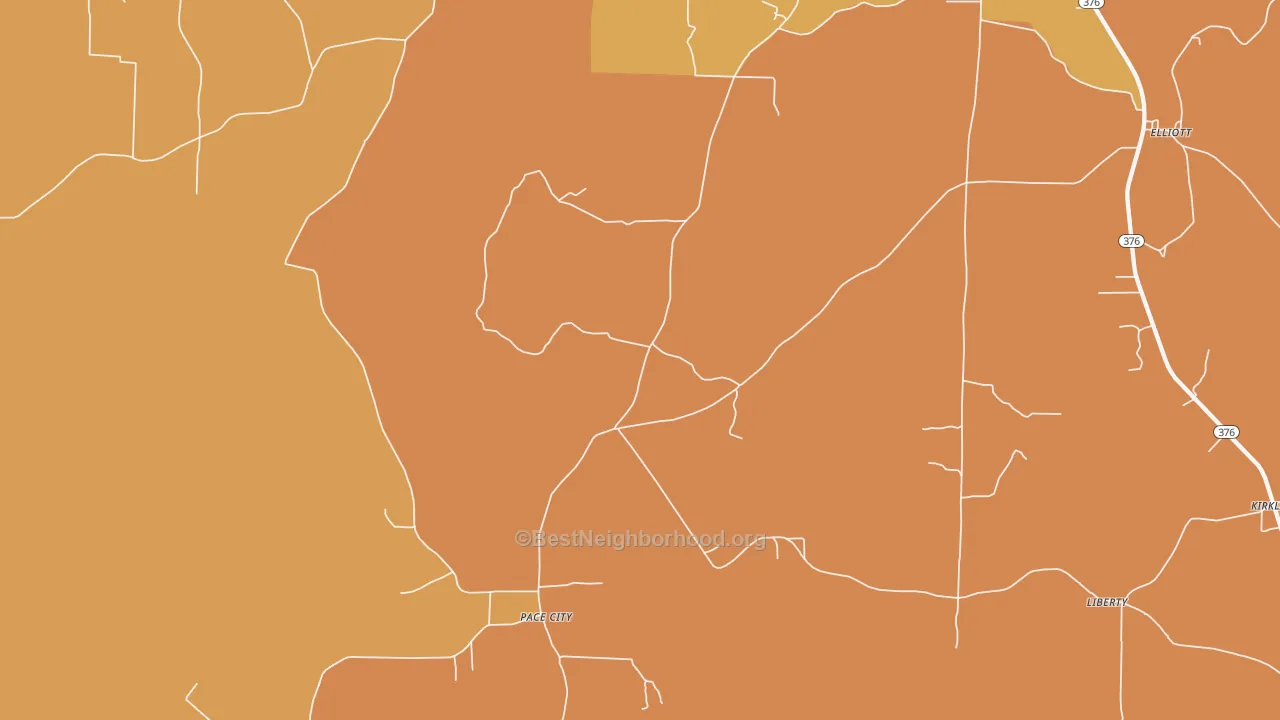 Map of the best neighborhoods in the Pace City area, with better matches in green and worse matches in red