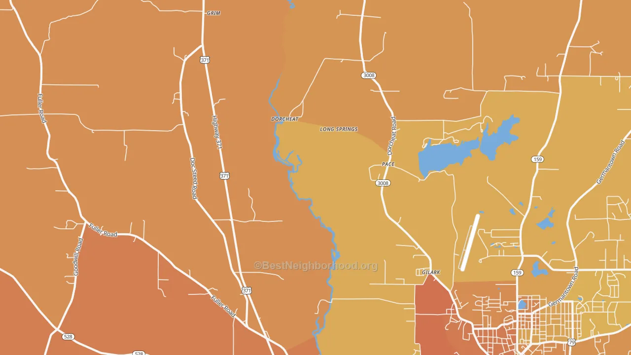 Map of the best neighborhoods in the Pace area, with better matches in green and worse matches in red