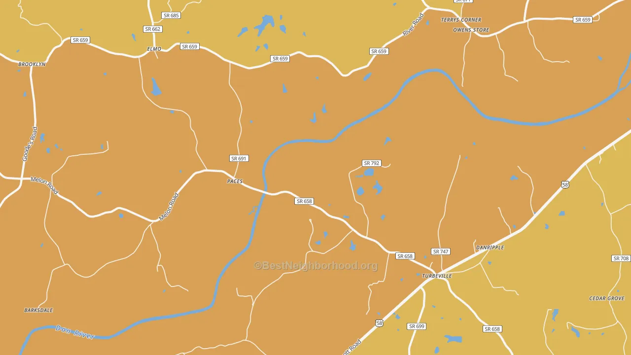 Map of the best neighborhoods in the Paces area, with better matches in green and worse matches in red