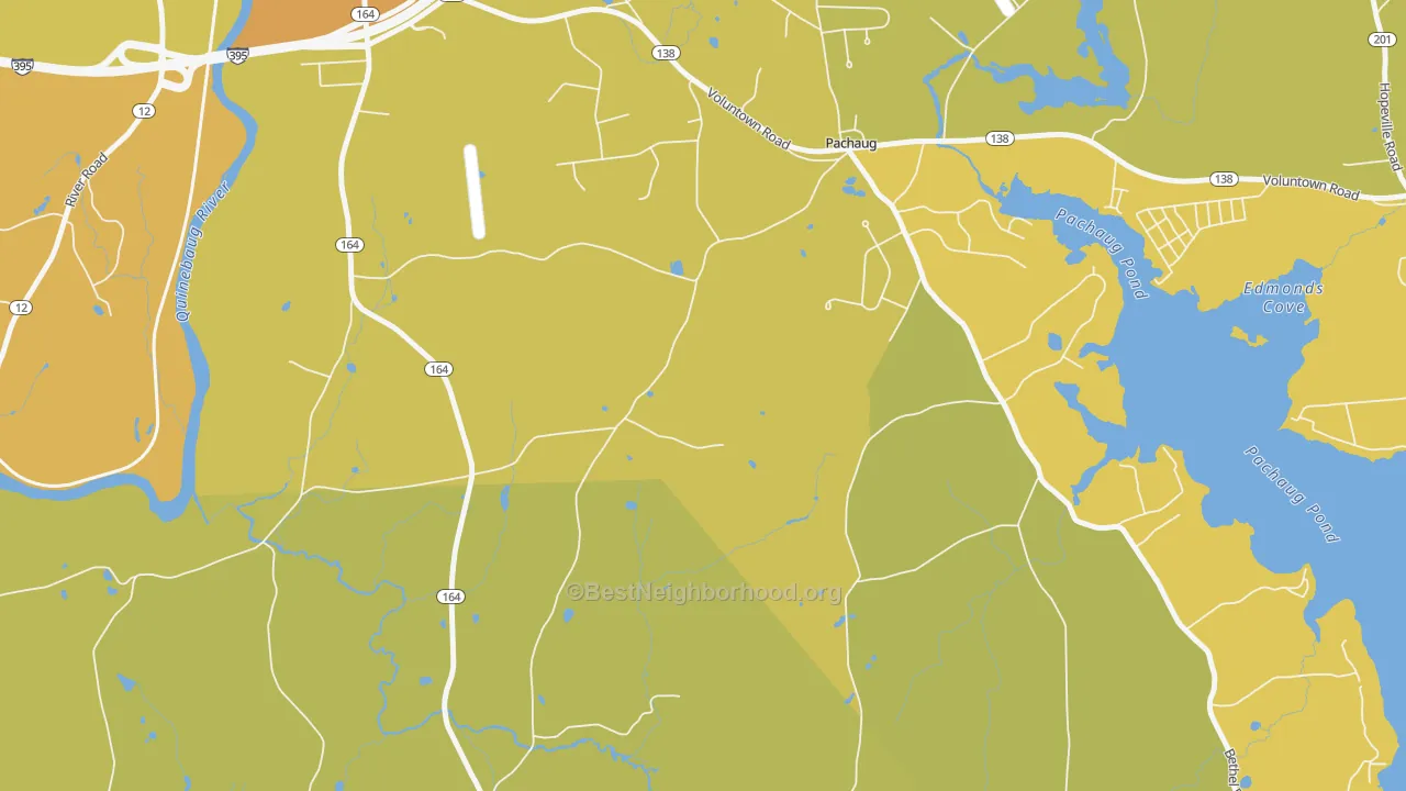 Map of the best neighborhoods in the Pachaug area, with better matches in green and worse matches in red