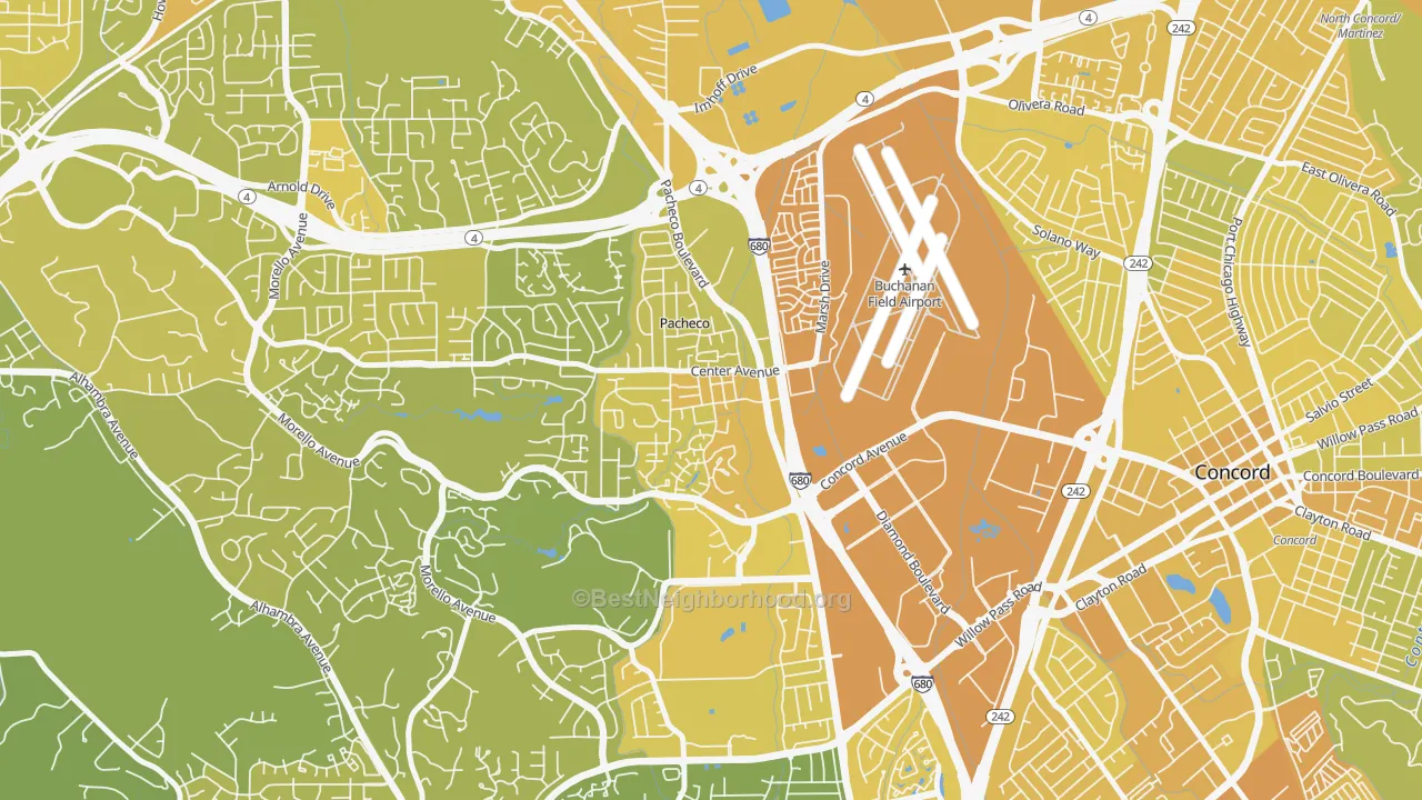 Map of the best neighborhoods in the Pacheco-Martinez, Martinez area, with better matches in green and worse matches in red