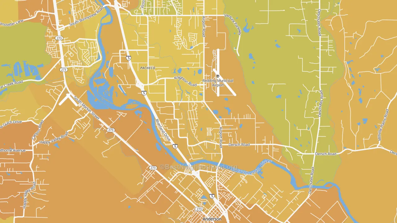 Map of the best neighborhoods in the Pacheco, Redding area, with better matches in green and worse matches in red
