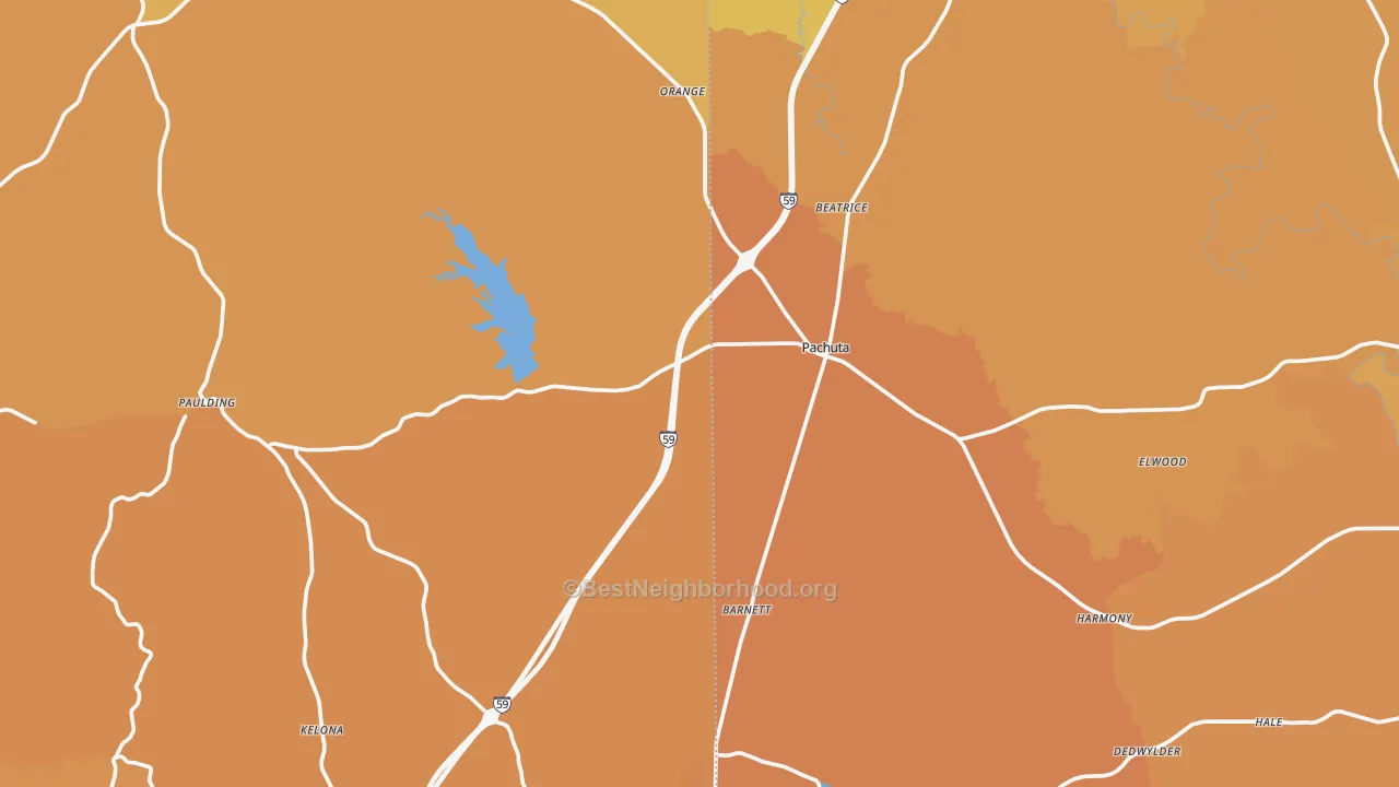Map of the best neighborhoods in the Pachuta area, with better matches in green and worse matches in red